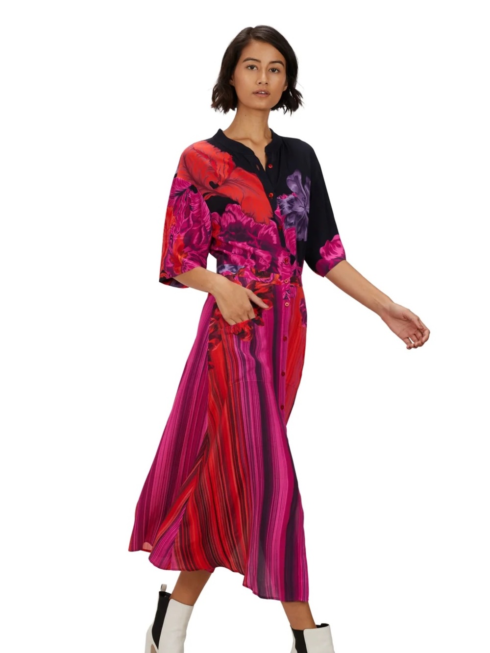 The Kit, Size S, Black Floral Women's Shirt dress in Black, Red & Pink